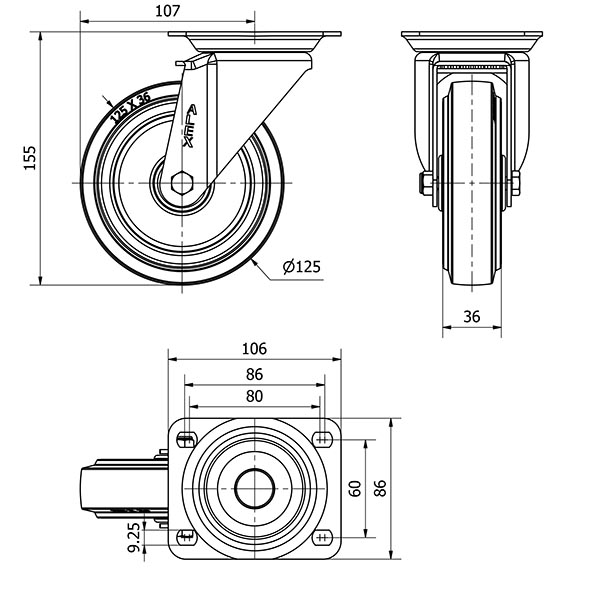 R.GIR.PLACA 10ZV125-PGMR POLIAMIX-GOMA AZUL EJE RODILLOS