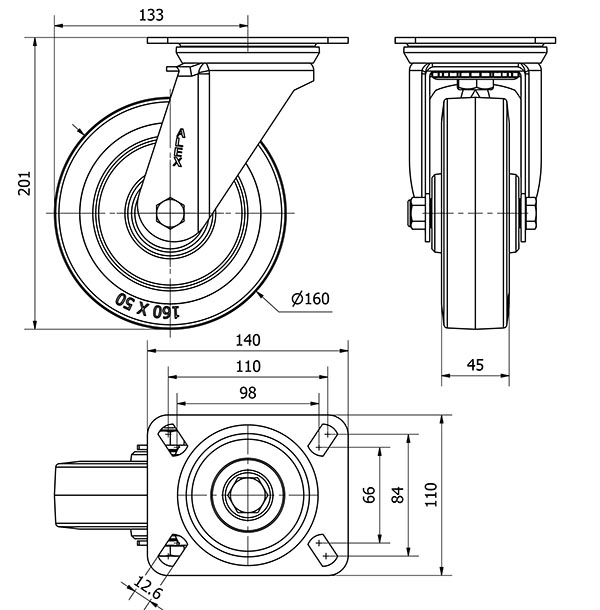 R.GIR.PLACA 10ZV160-PGMR POLIAMIX-GOMA AZUL EJE RODILLOS