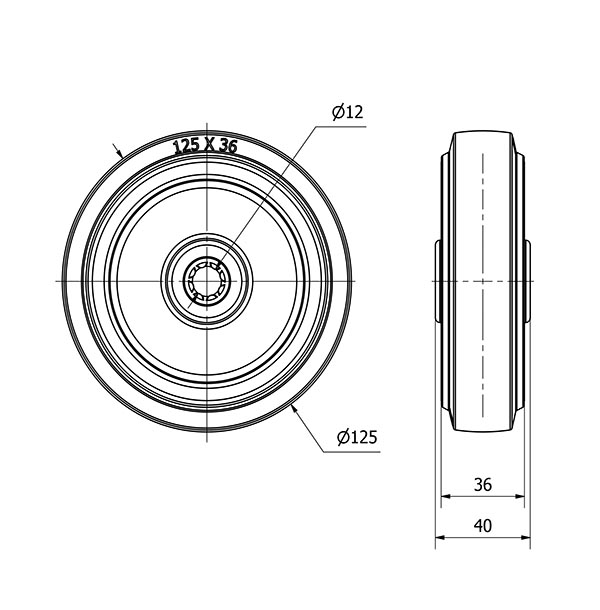 RUEDA PGMR125-12-40 NUCLEO POLIAMIX Y BANDA GOMA AZUL EJE RODILLOS