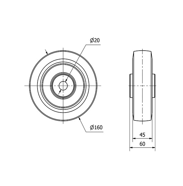 RUEDA PGMR160-20-60 NUCLEO POLIAMIX Y BANDA GOMA AZUL EJE RODILLOS