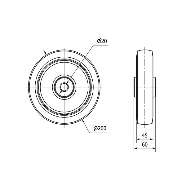 RUEDA PGMR200-20-60 NUCLEO POLIAMIX Y BANDA GOMA AZUL EJE RODILLOS