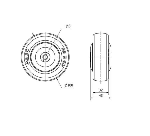 RUEDA PGAISB100CP-8-43 NUCLEO POLIAMIX Y BANDA GOMA GRIS EJE BOLAS