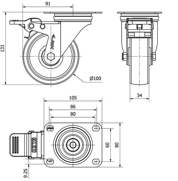 R.GIR.PLACA FRENO INOX.10ZVLIFD100-UTR POLIAMIX BLANCO EJE RODILLOS