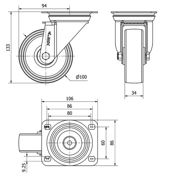 R.GIR.PLACA INOX.10ZVI100-UTR POLIAMIX BLANCO EJE RODILLOS
