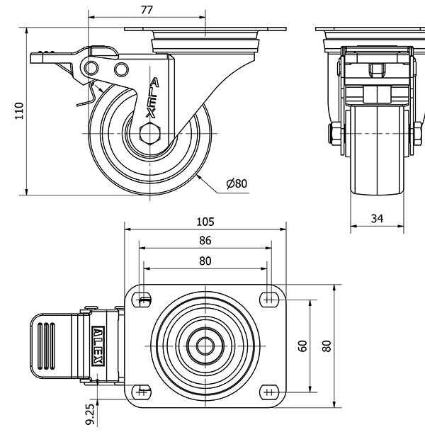 R.GIR.PLACA FRENO INOX.10ZVLIFD80-UTR POLIAMIX BLANCO EJE RODILLOS