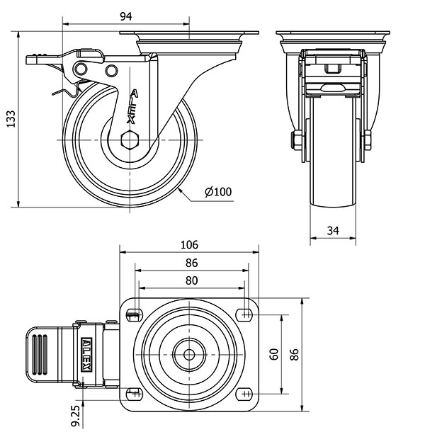 R.GIR.PLACA FRENO INOX.10ZVIFD100-UTR POLIAMIX BLANCO EJE RODILLOS
