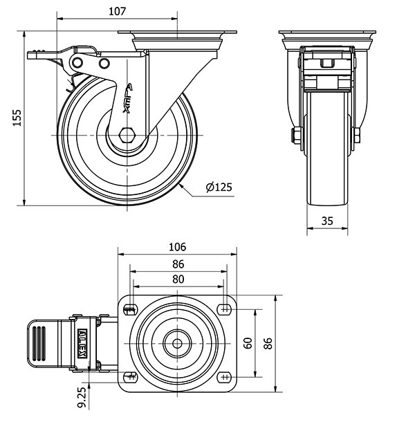 R.GIR.PLACA FRENO INOX.10ZVIFD125-UTR POLIAMIX BLANCO EJE RODILLOS
