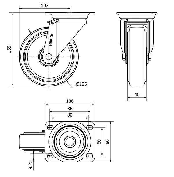 R.GIR.PLACA 10ZV125-DEB ALUMINIO-GOMA NEGRA ELASTICA EJE BOLAS