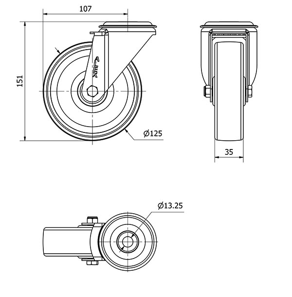 R.GIR.AGUJERO M12 INOX.20ZVI125-UTR POLIAMIX BLANCO EJE RODILLOS