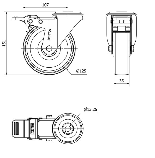 R.GIR.AGUJERO M12 FRENO INOX.20ZVIFD125-UTR POLIAMIX BLANCO RODILLOS