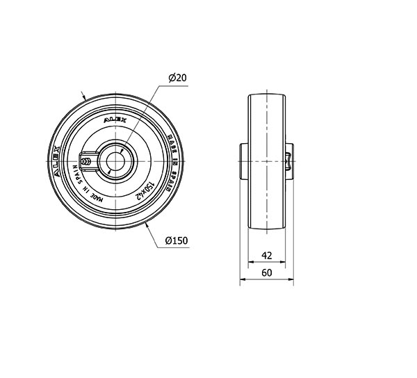 RUEDA POA150-20-60 NUCLEO POLIAMIX BLANCO Y BANDA POLIUR.AZUL LISO