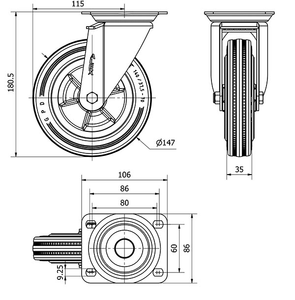 R.GIR.PLACA 10ZVL150-PSN POLIAMIX-GOMA NEGRA EJE LISO