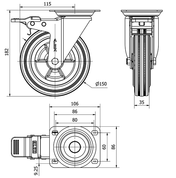 R.GIR.PLACA FRENO 10ZVLFD150-PSN POLIAMIX-GOMA NEGRA EJE LISO