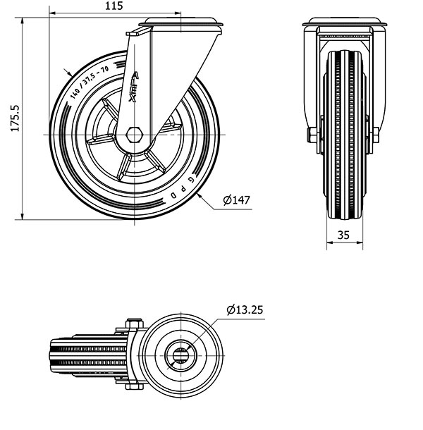R.GIR.AGUJERO M12 20ZVL150-PSN POLIAMIX-GOMA NEGRA EJE LISO