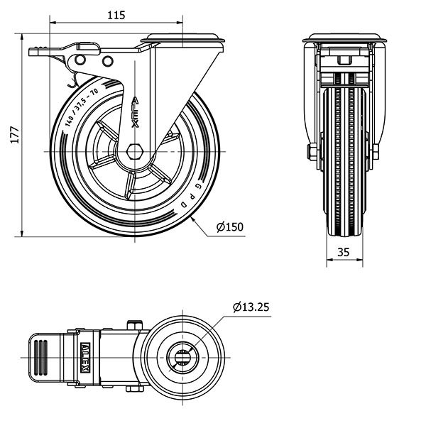 R.GIR.AGUJERO M12 FRENO 20ZVLFD150-PSN POLIAMIX-GOMA NEGRA EJE LISO