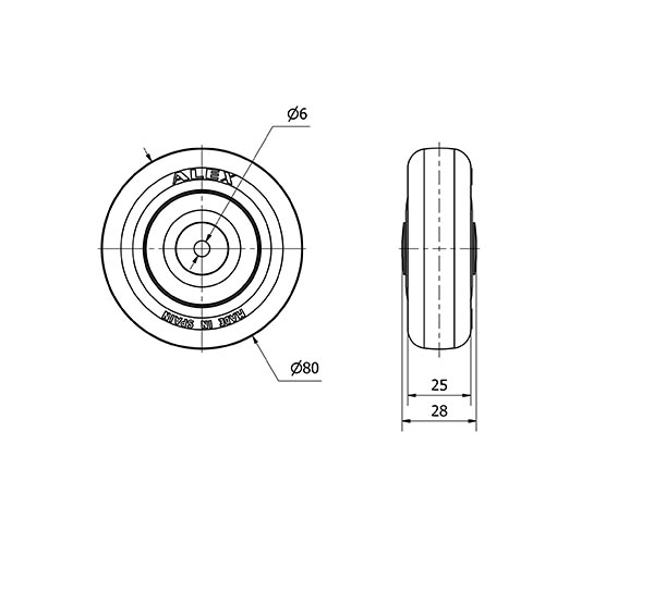 RUEDA PGISB80CP-6-28 NUCLEO POLIAMIX Y BANDA GOMA GRIS EJE BOLAS