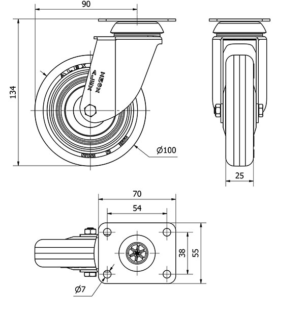 R.GIR.PLACA INOX.10BHI100CP-PLGI POLIAMIX-GOMA GRIS EJE LISO