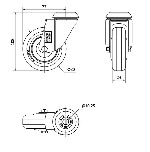 R.GIR.AGUJERO M10 INOX.20BHI80CP-PGI POLIAMIX-GOMA GRIS EJE LISO