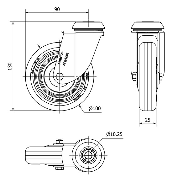 R.GIR.AGUJERO M10 INOX.20BHI100CP-PLGI POLIAMIX-GOMA GRIS EJE LISO