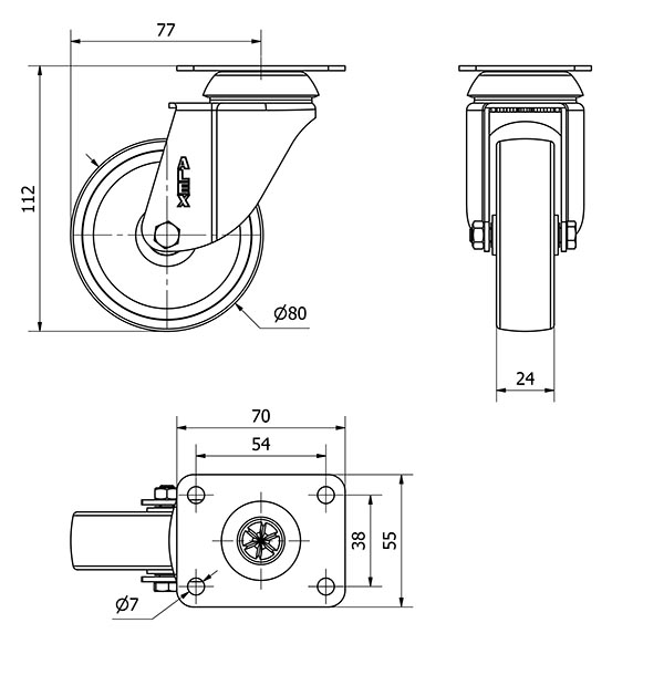 R.GIR.PLACA INOX.10BHI80-SL PLASTICO BLANCO EJE LISO