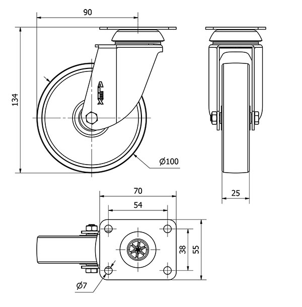R.GIR.PLACA INOX.10BHI100-SL PLASTICO BLANCO EJE LISO