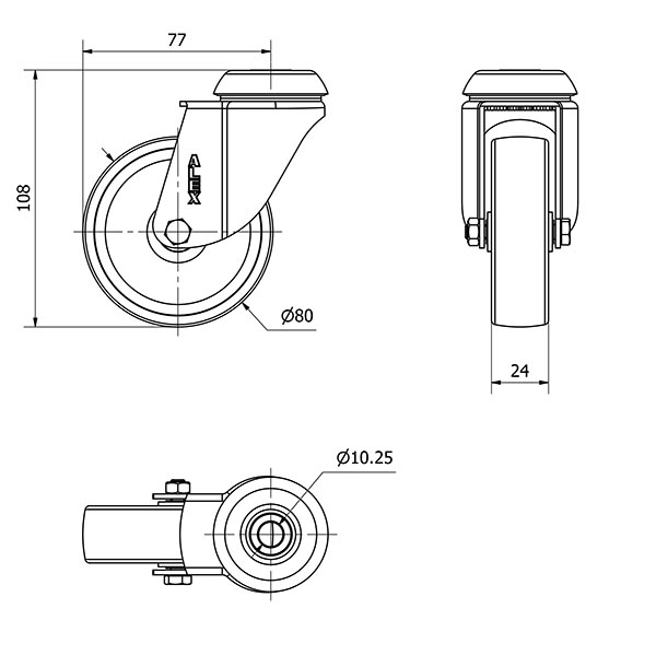 R.GIR.AGUJERO M10 INOX.20BHI80-SL PLASTICO BLANCO EJE LISO