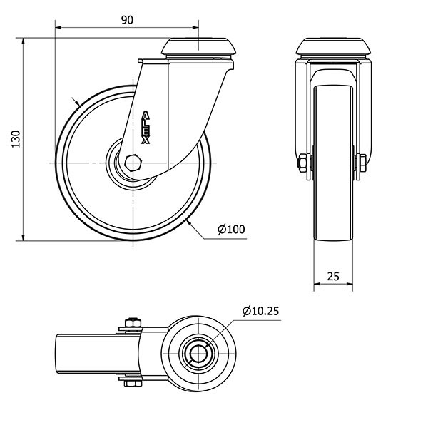 R.GIR.AGUJERO M10 INOX.20BHI100-SL PLASTICO BLANCO EJE LISO