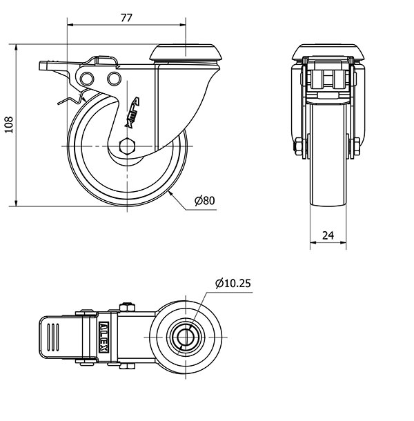 R.GIR.AGUJERO M10 FRENO INOX.20BHIFD80-SL PLASTICO BLANCO EJE LISO