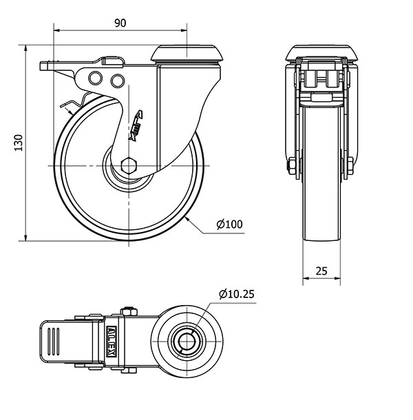 R.GIR.AGUJERO M10 FRENO INOX.20BHIFD100-SL PLASTICO BLANCO EJE LISO