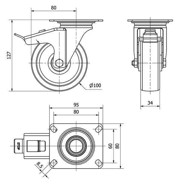 R.GIR.PLACA FRENO INOX.10ZLIFD100-UT POLIAMIX BLANCO EJE LISO