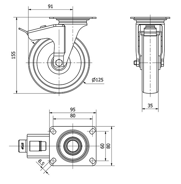 R.GIR.PLACA FRENO INOX.10ZLIFD125-UT POLIAMIX BLANCO EJE LISO