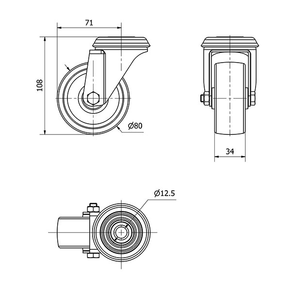 R.GIR.AGUJERO M12 INOX.20ZLI80-UT POLIAMIX BLANCO EJE LISO