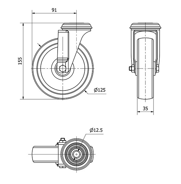 R.GIR.AGUJERO M12 INOX.20ZLI125-UT POLIAMIX BLANCO EJE LISO