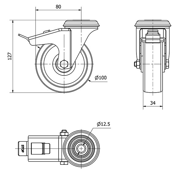 R.GIR.AGUJERO M12 FRENO INOX.20ZLIFD100-UT POLIAMIX BLANCO EJE LISO