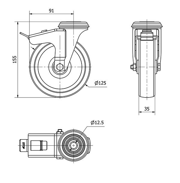 R.GIR.AGUJERO M12 FRENO INOX.20ZLIFD125-UT POLIAMIX BLANCO EJE LISO