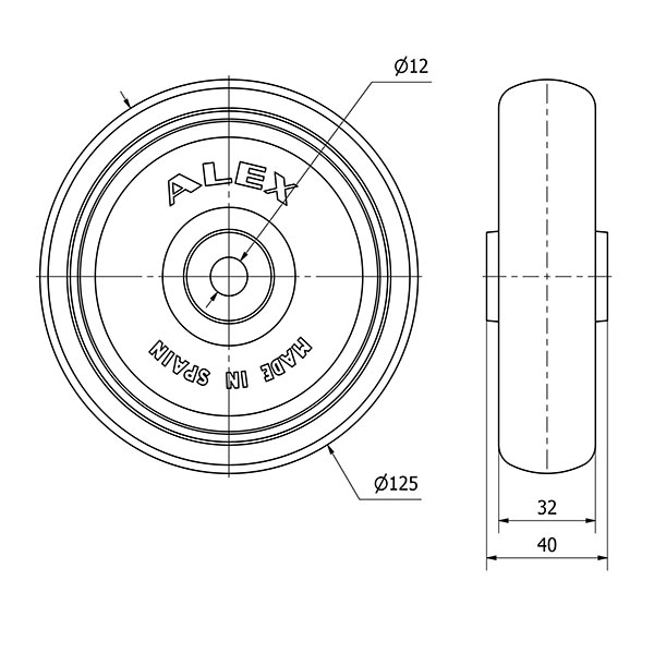 RUEDA PGZN125-12-40 NUCLEO POLIAMIX Y BANDA GOMA GRIS INYECT.LISO