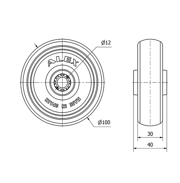 RUEDA PGZR100-12-40 NUCLEO POLIAMIX Y BANDA GOMA GRIS INYECT.RODILL.