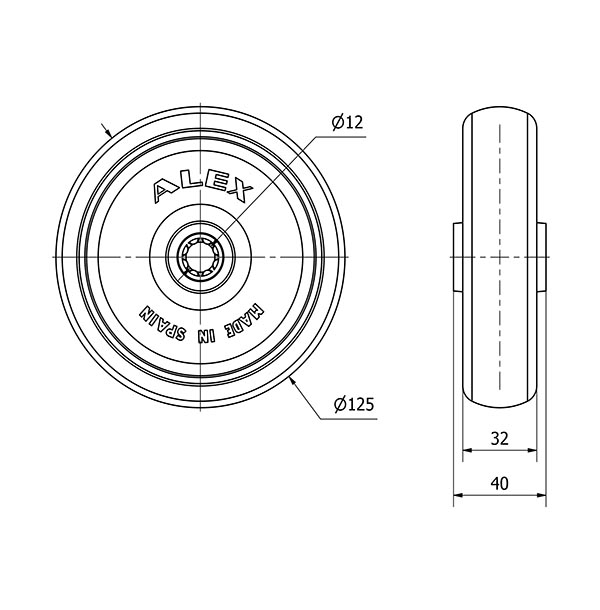 RUEDA PGZR125-12-40 NUCLEO POLIAMIX Y BANDA GOMA GRIS INYECT.RODILL.
