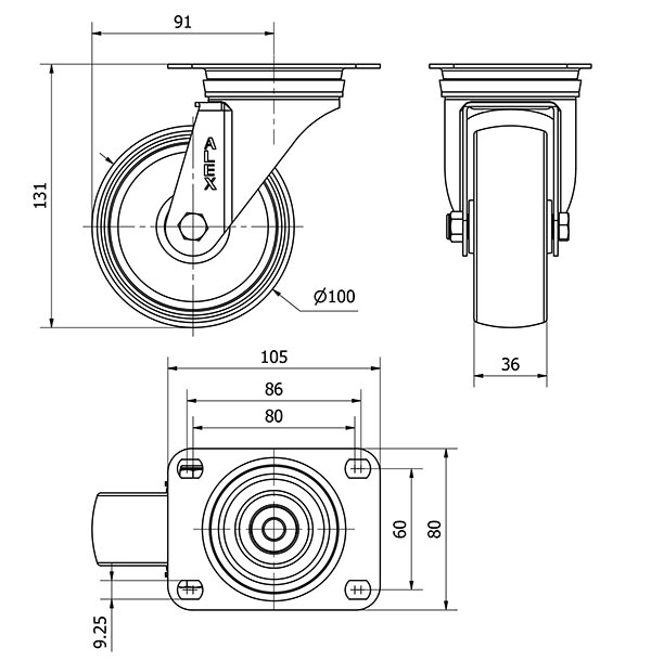 R.GIR.PLACA INOX.10ZVLI100-TN NYLON BLANCO EJE LISO