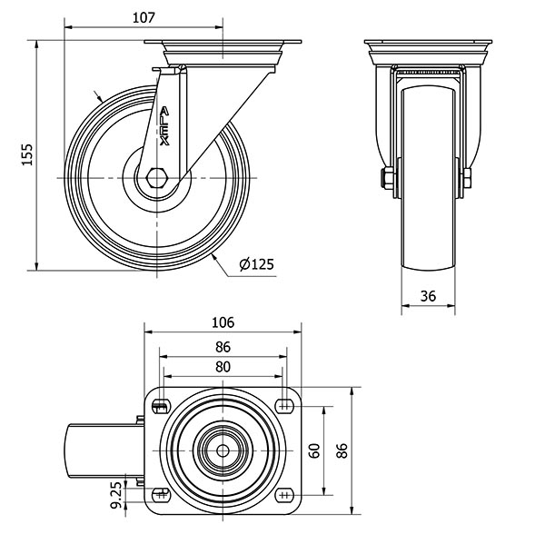 R.GIR.PLACA INOX.10ZVI125-TNE NYLON BLANCO EJE LISO