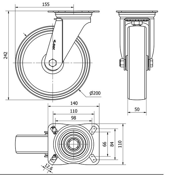 R.GIR.PLACA INOX.10ZVI200-TN NYLON BLANCO EJE LISO