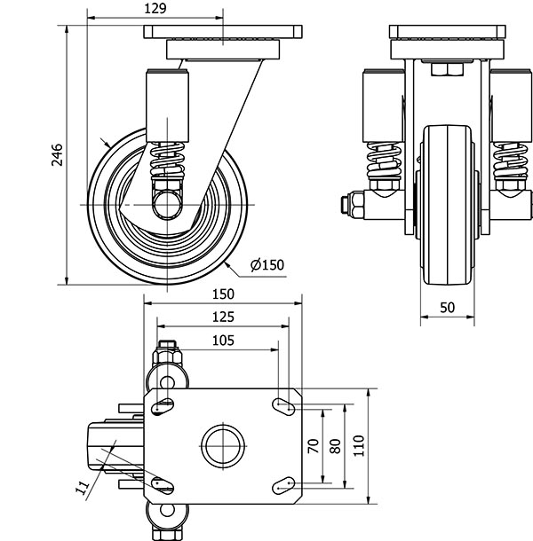 R.GIR.PLACA 10HLSE150-HGB SUSPENSION GOMA NEGRA NATURAL EJE BOLAS
