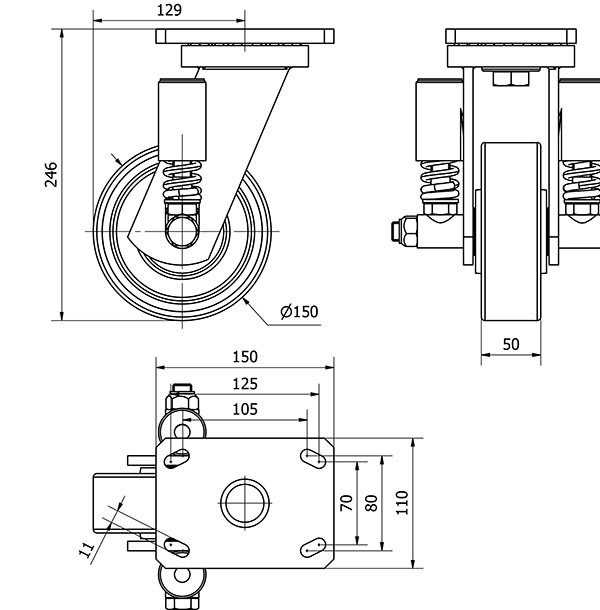 R.GIR.PLACA 10HLSE150-HUB SUSPENSION HIERRO-POLIUR.NARANJA EJE BOLAS