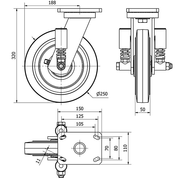 R.GIR.PLACA 10HLSE250-HGB SUSPENSION GOMA NEGRA NATURAL EJE BOLAS