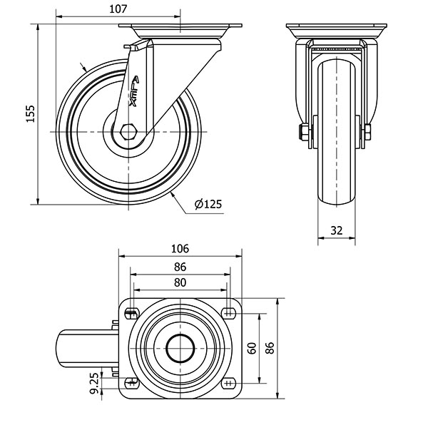 R.GIR.PLACA 10ZV125-PGZN POLIAMIX-GOMA GRIS INYECT.EJE LISO
