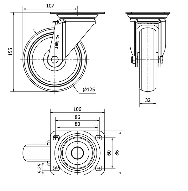 R.GIR.PLACA 10ZV125-PGZR POLIAMIX-GOMA GRIS INYECT.EJE RODILLOS
