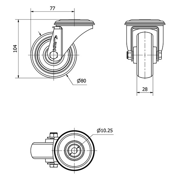 R.GIR.AGUJERO M10 20ZVL80-PGZR POLIAMIX-GOMA GRIS INYECT.RODILLOS