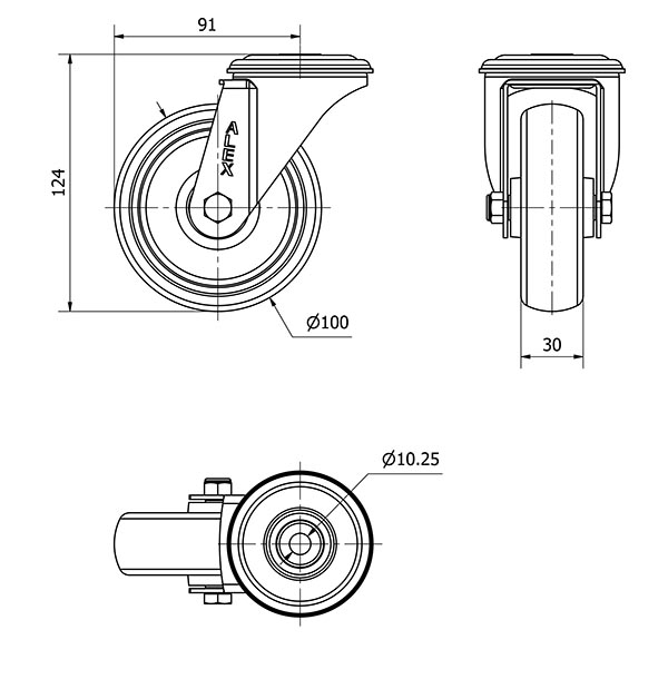 R.GIR.AGUJERO M10 20ZVL100-PGZR POLIAMIX-GOMA GRIS INYECT.RODILLOS