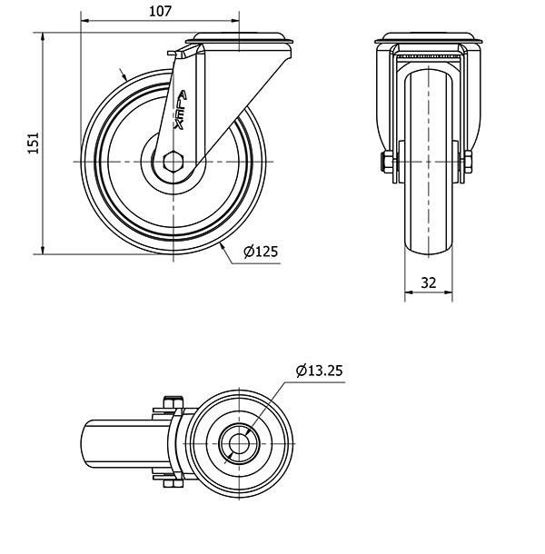 R.GIR.AGUJERO M12 20ZV125-PGZR POLIAMIX-GOMA GRIS INYECT.RODILLOS