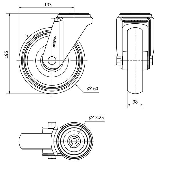 R.GIR.AGUJERO M12 20ZV160-PGZN POLIAMIX-GOMA GRIS INYECT.EJE LISO